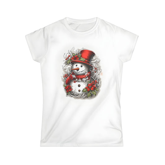 Women's T-shirt featuring a colorful design of a merry snowman wearing a red hat and scarf, surrounded by holly leaves and snowflakes, evoking holiday spirit