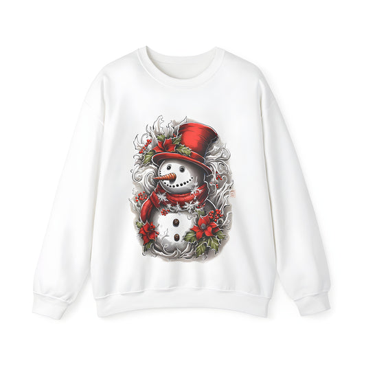 Adult sweatshirt with holiday snowman design, red hat and scarf