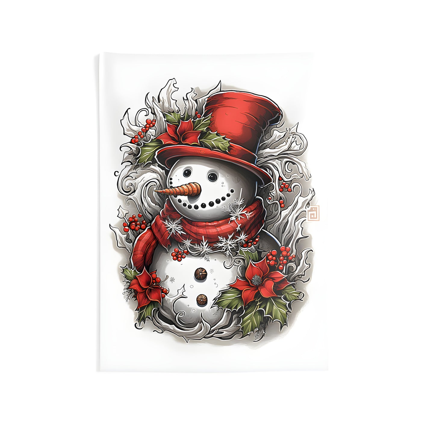 Colorful indoor wall tapestry featuring a winter scene of a happy snowman wearing a red hat and scarf, surrounded by holly leaves and snowflakes. Perfect for adding holiday cheer to any room.