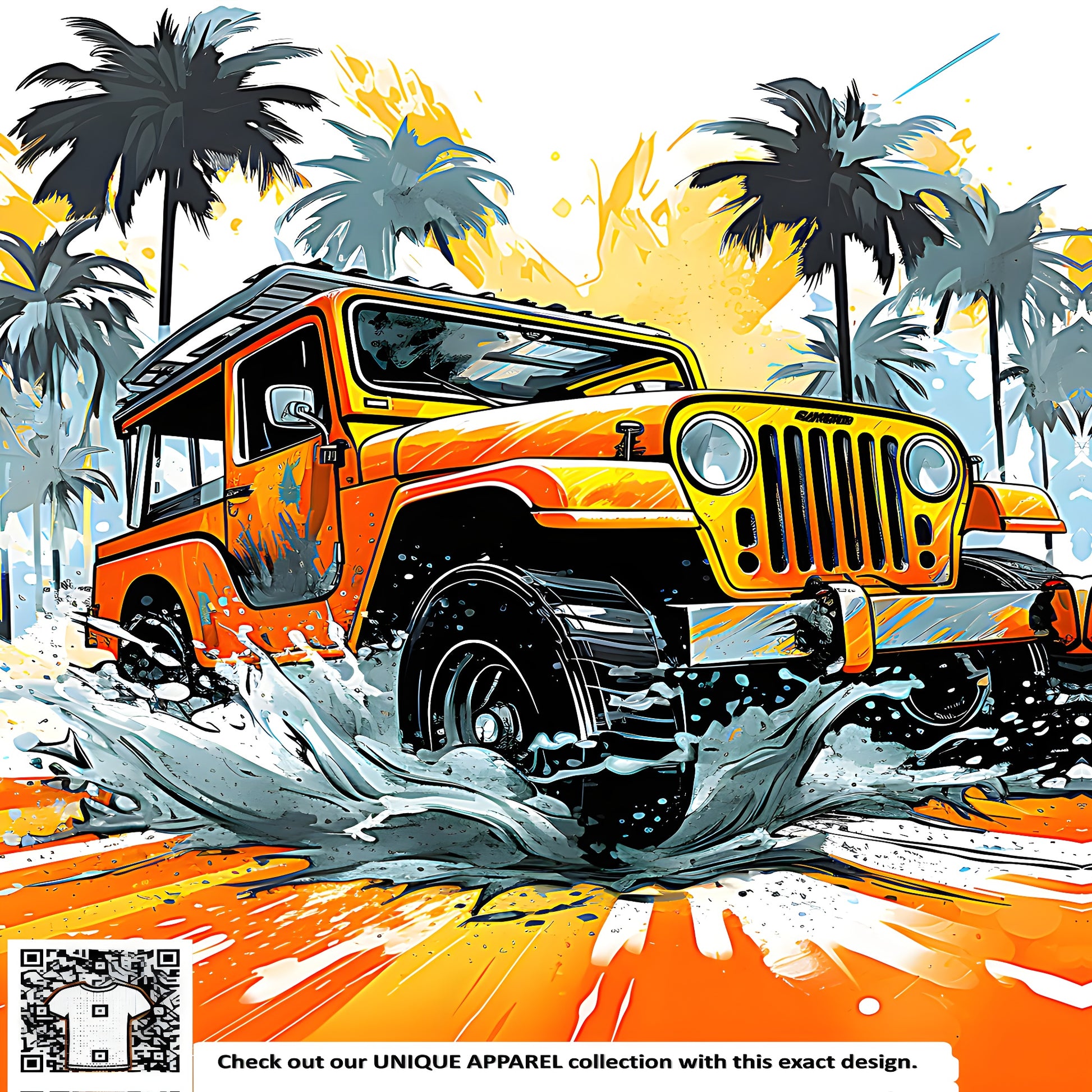 A vibrant, colorful image featuring an orange Willys or Land Rover-style off-road vehicle driving through a refreshing water splash surrounded by swaying palm trees and a bright, sunny tropical background.