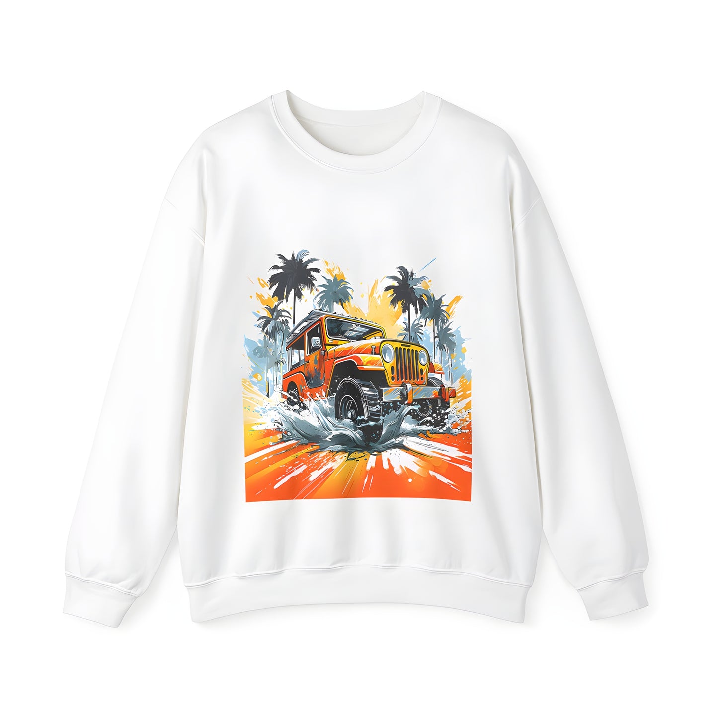 An Orange Wrangler Cruises Through Splashy Tropical Oasis on Soft Adult Sweatshirt