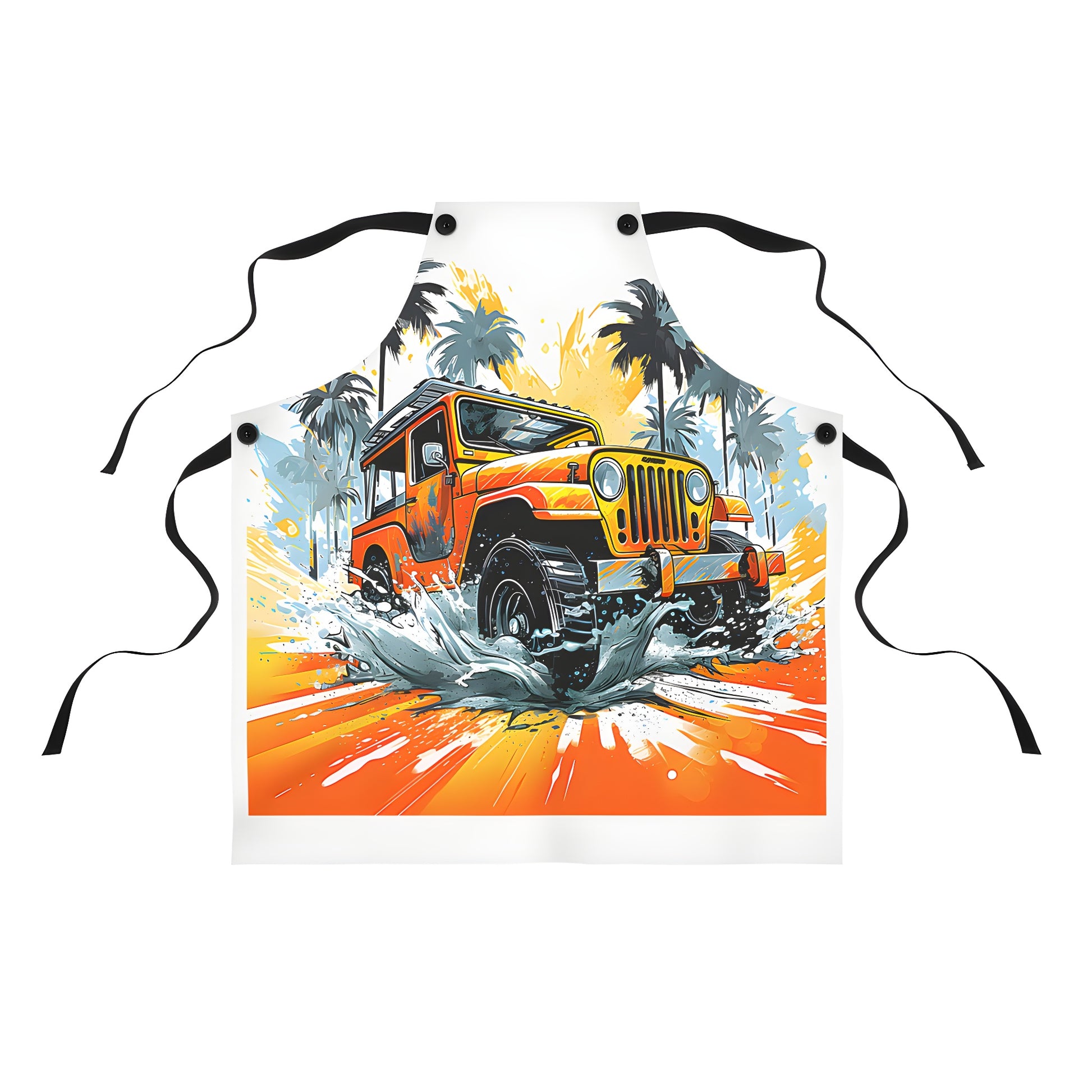 Colorful Apron featuring an orange 4x4 off-road vehicle driving through water splash with palm trees and tropical background