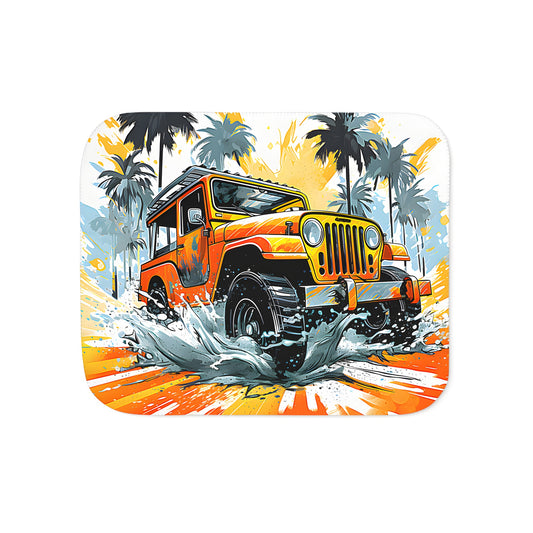 Cozy Blanket featuring a vibrant, orange Willys-style 4x4 vehicle driving through a refreshing water splash amidst swaying palm trees and a bright, sunny tropical landscape.