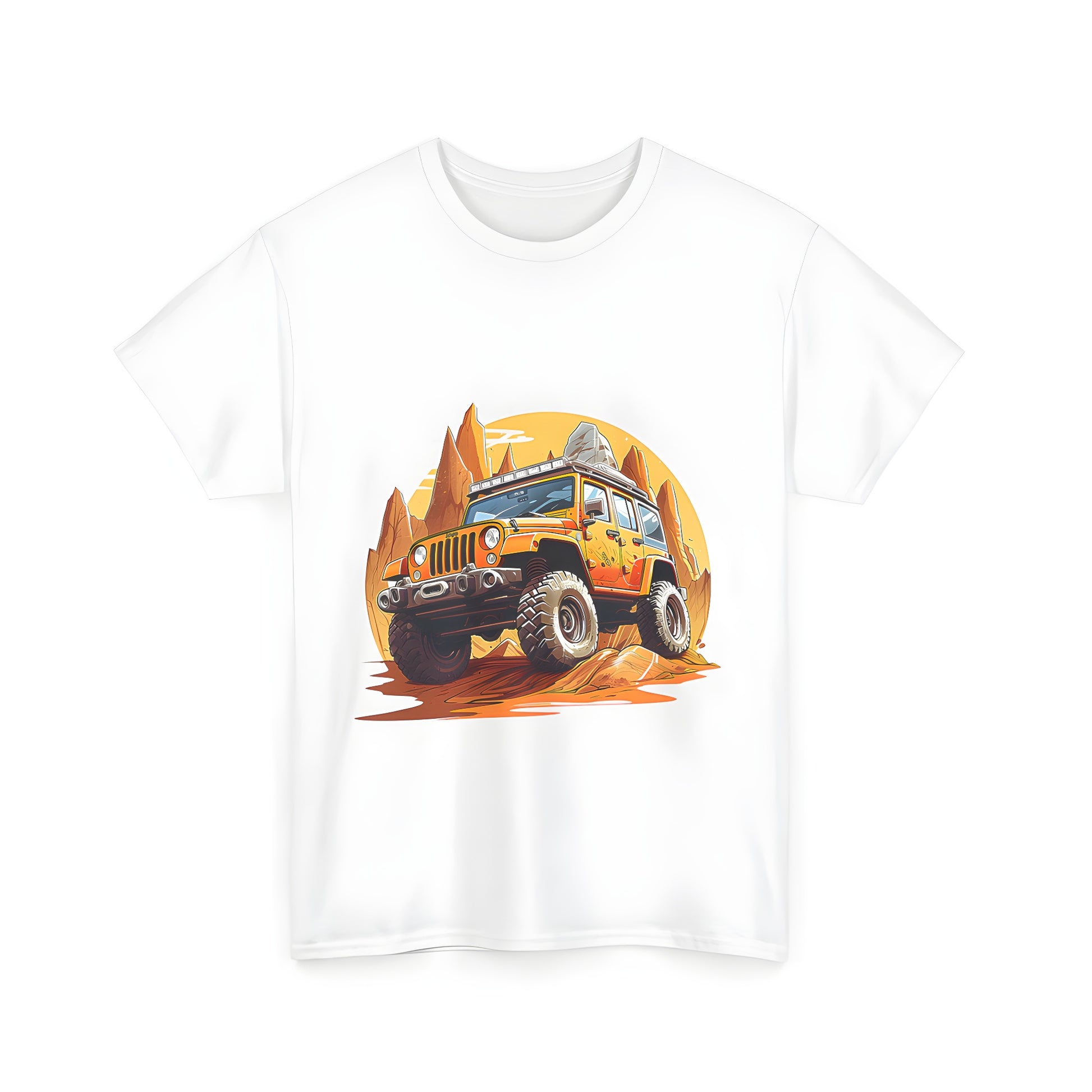 A vibrant unisex t-shirt featuring an off-road vehicle design as an orange jeep navigates rugged mountains under a bright yellow sky