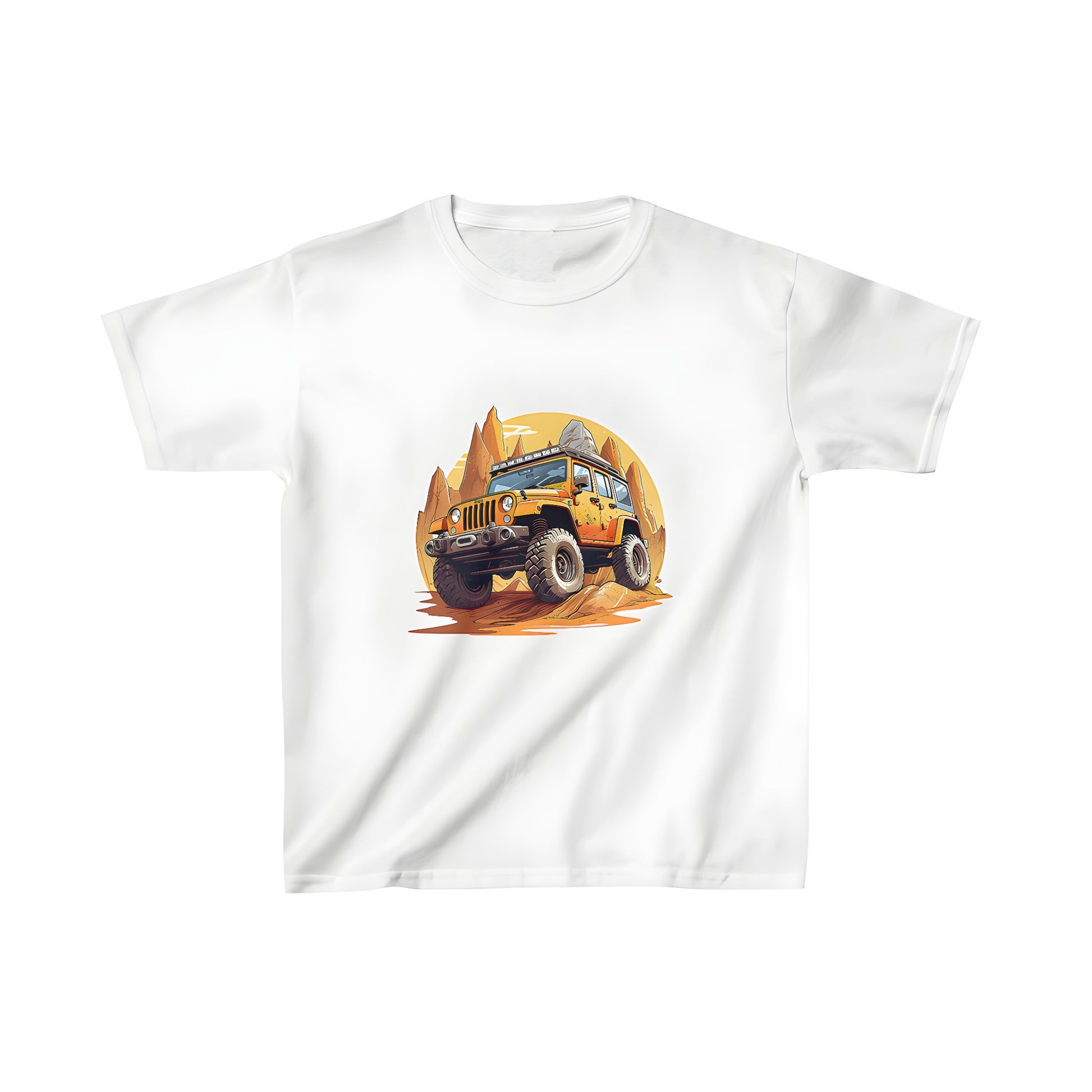 A colorful kids' t-shirt featuring an off-road dune buggy navigation rugged terrain under bright yellow sky