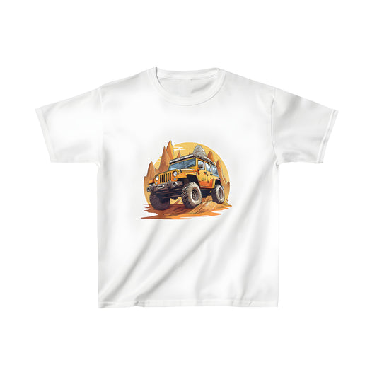 A colorful kids' t-shirt featuring an off-road dune buggy navigation rugged terrain under bright yellow sky