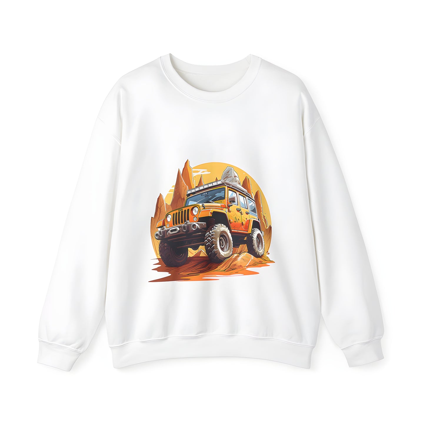 Colorful adult sweatshirt featuring an off-road jeep or dune buggy navigation rugged rocky terrain under bright yellow sky graphic tee