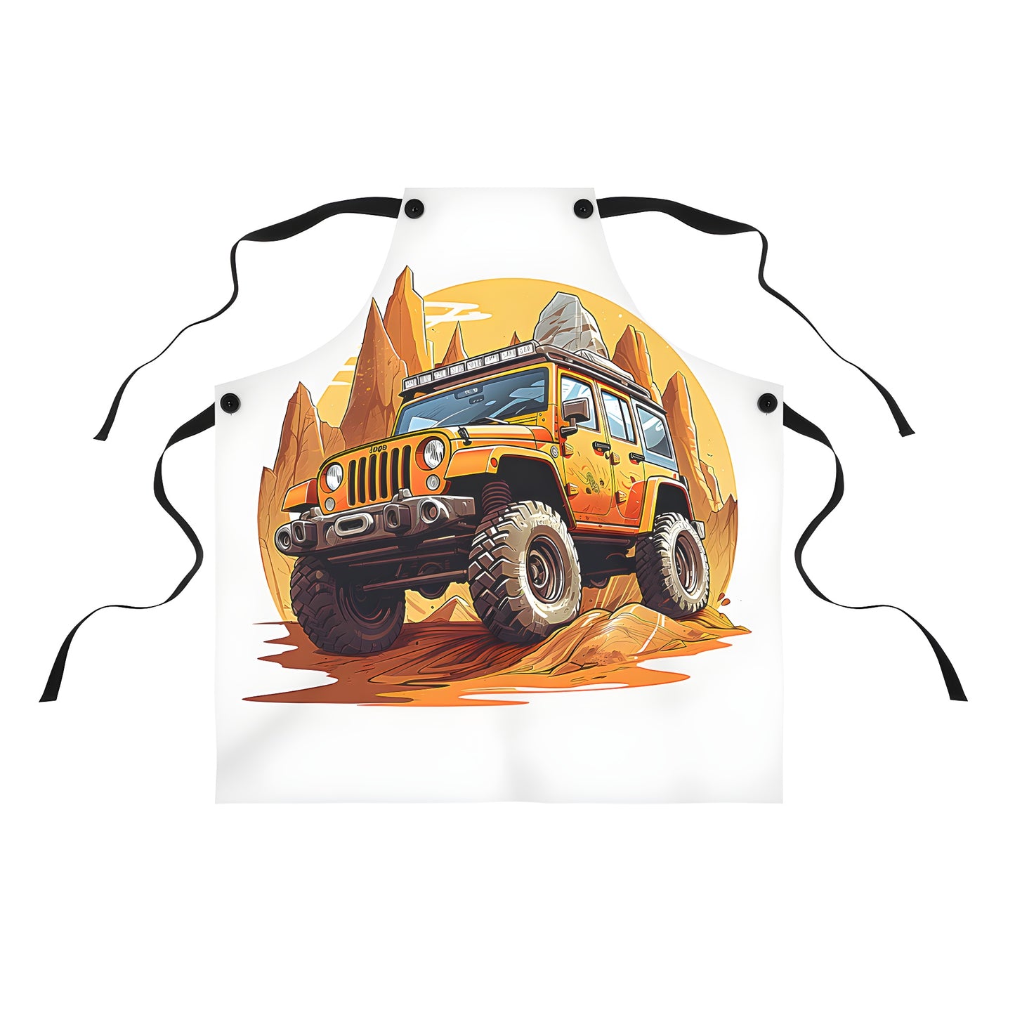 Colorful Apron with adventurous off-road jeep design on rugged terrain