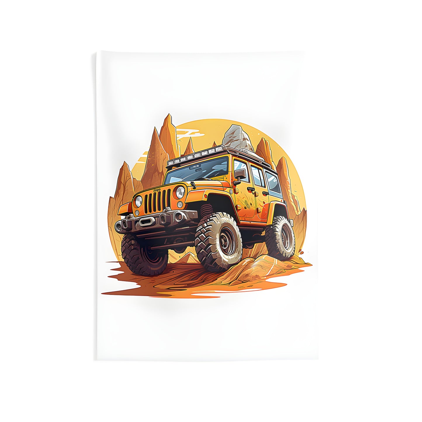 A colorful indoor wall tapestry featuring a rugged mountain landscape with a thrilling orange dune buggy navigating through rocky terrain under a vibrant yellow sky.