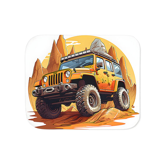 Colorful blanket featuring an all-terrain vehicle adventure design