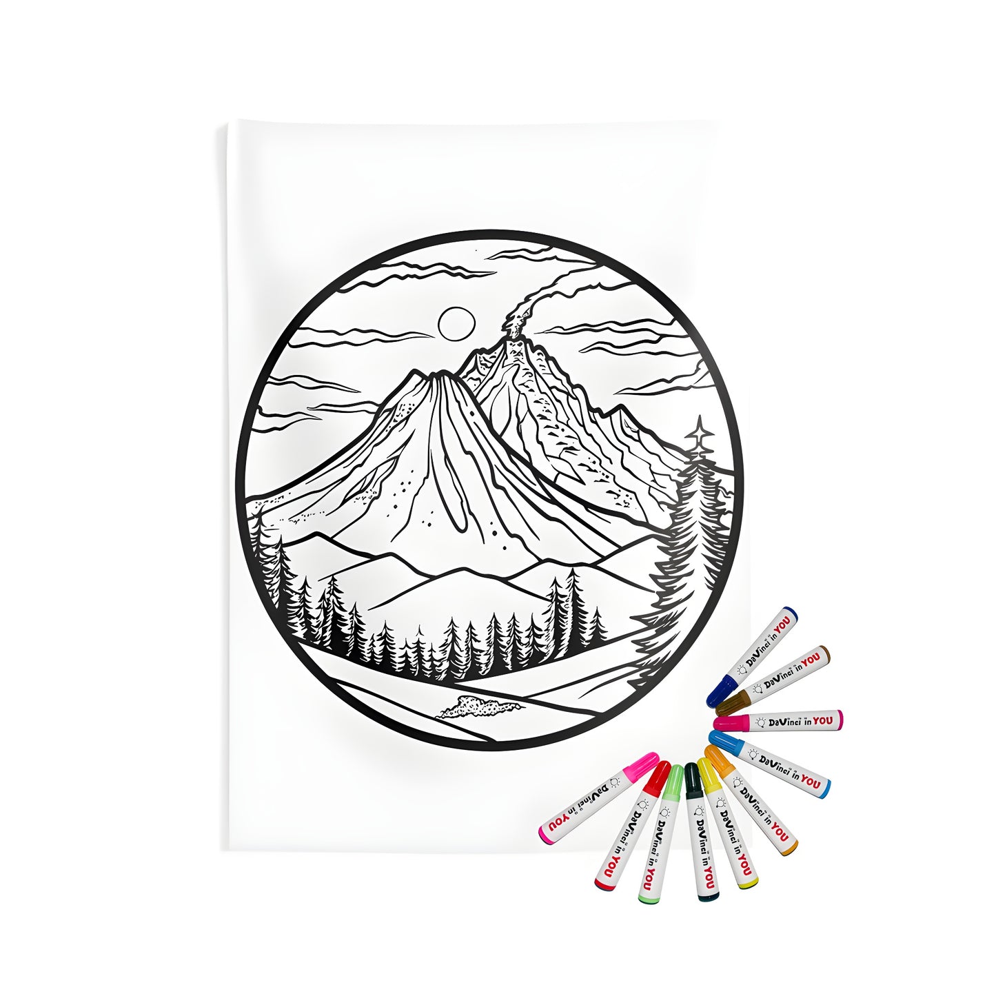 Indoor wall tapestries with colorful volcano designs, featuring black smoke rising from volcanic mountains and surrounding pine trees