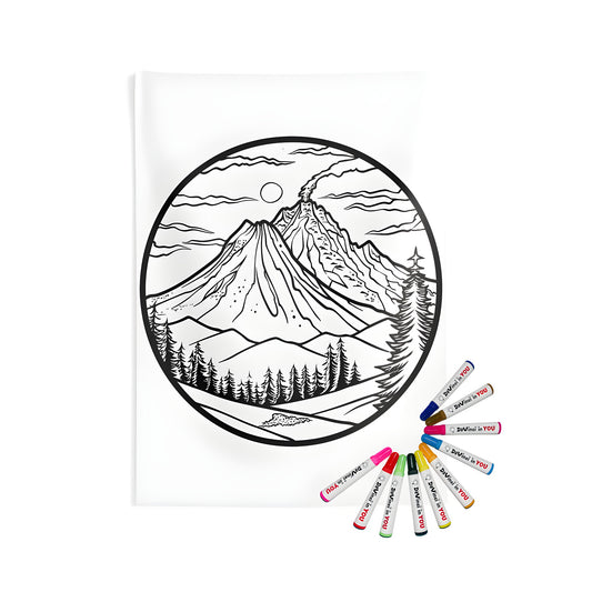 Indoor wall tapestries with colorful volcano designs, featuring black smoke rising from volcanic mountains and surrounding pine trees