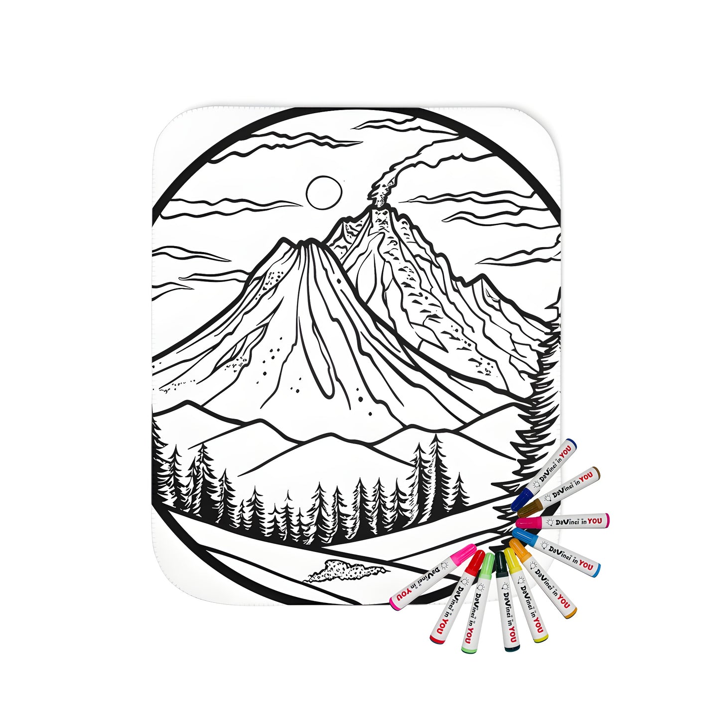 Volcanic landscape blanket with volcano design, black and white illustration of a mountain emitting smoke, surrounding mountains and pine trees