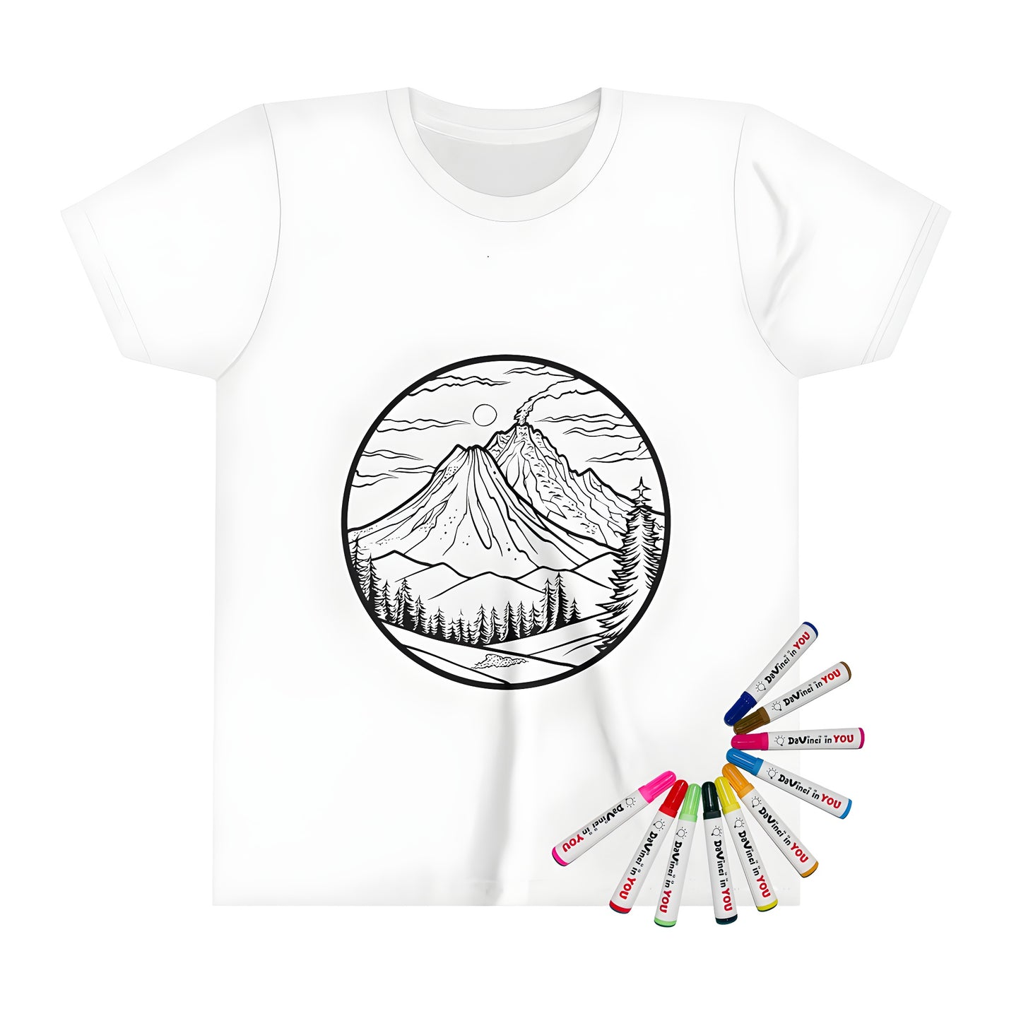 A black and white illustration of a volcanic mountain on a kid's t-shirt, emitting smoke, with surrounding mountains and pine trees