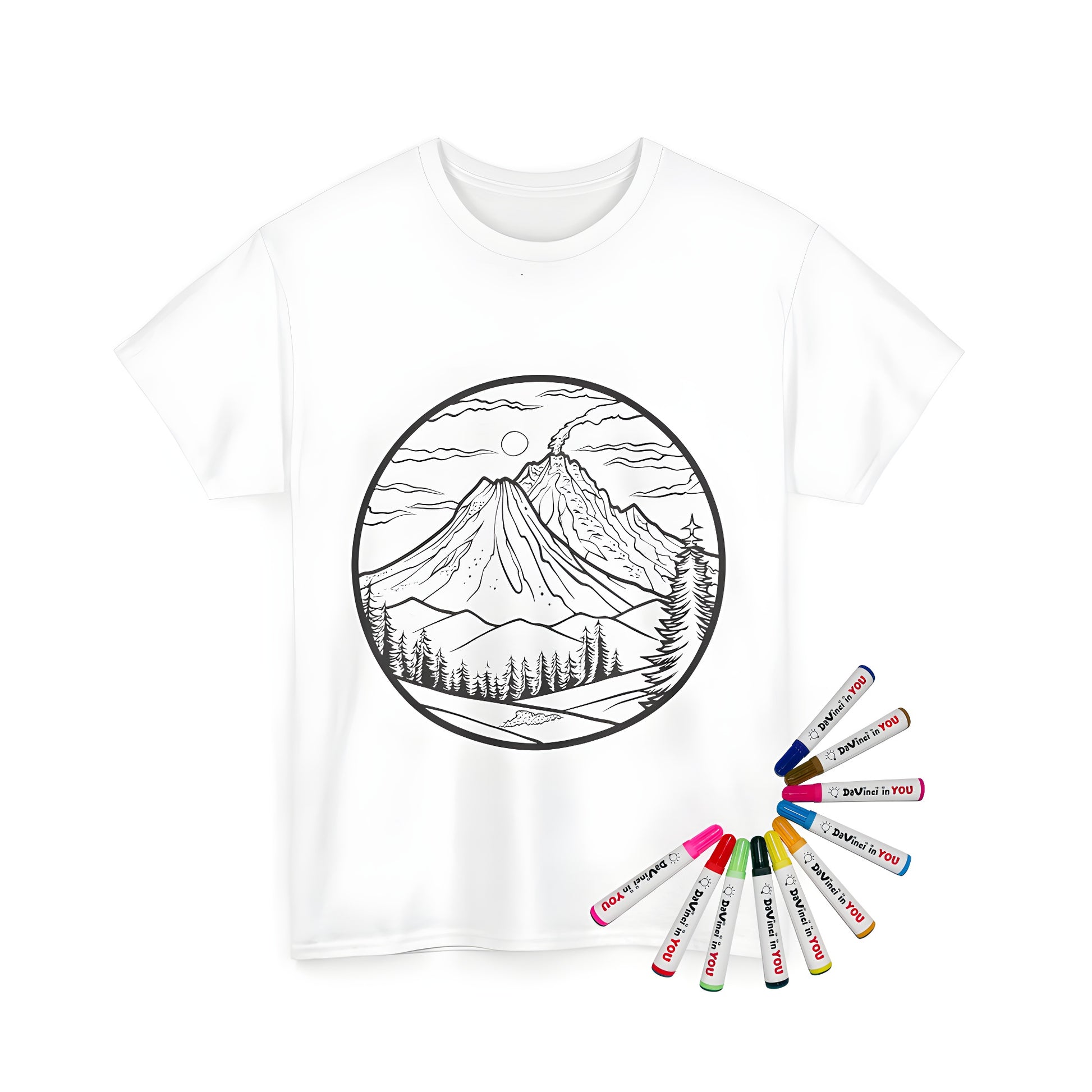 Unisex t-shirt featuring a volcano coloring page design