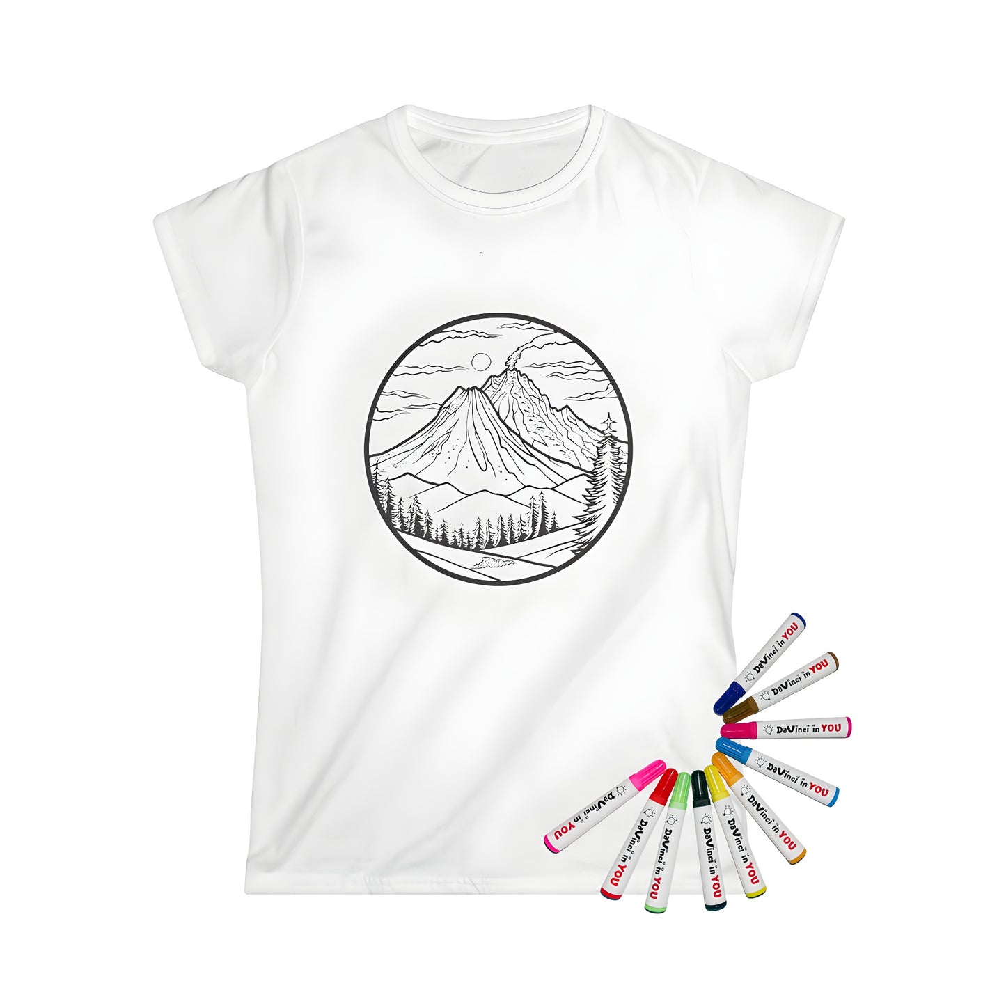 Women's T-shirt featuring a colorful volcano landscape with mountains and pine trees, perfect for coloring with fabric markers