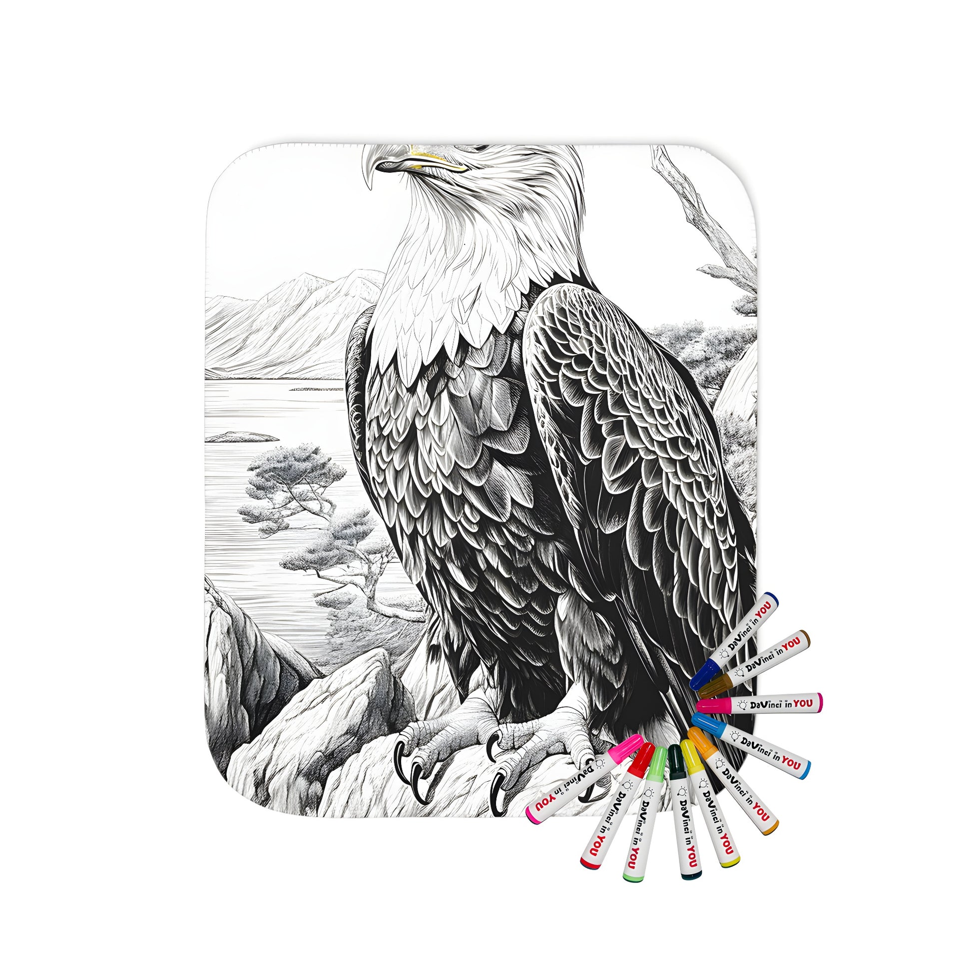 Coloring blanket featuring a detailed black-and-white eagle design perched on a rock with mountains and trees