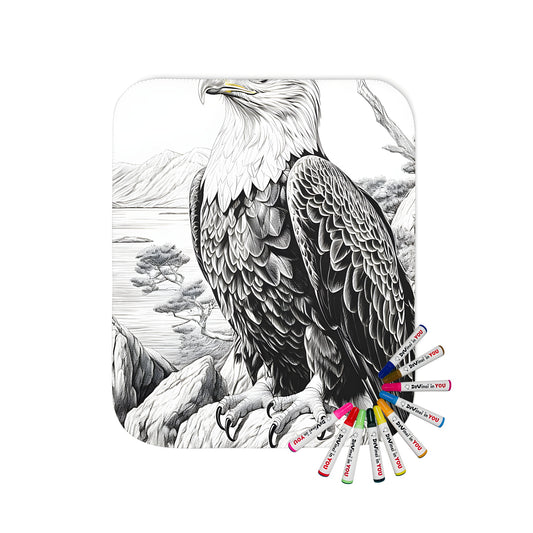 Coloring blanket featuring a detailed black-and-white eagle design perched on a rock with mountains and trees