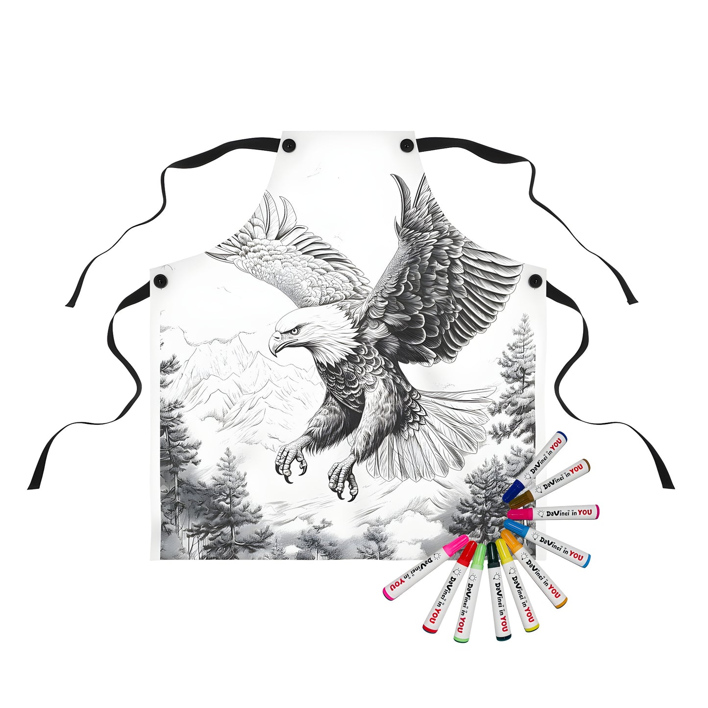 Coloring apron featuring a majestic bird of prey design, similar to an eagle, with outstretched wings and a dramatic landscape backdrop