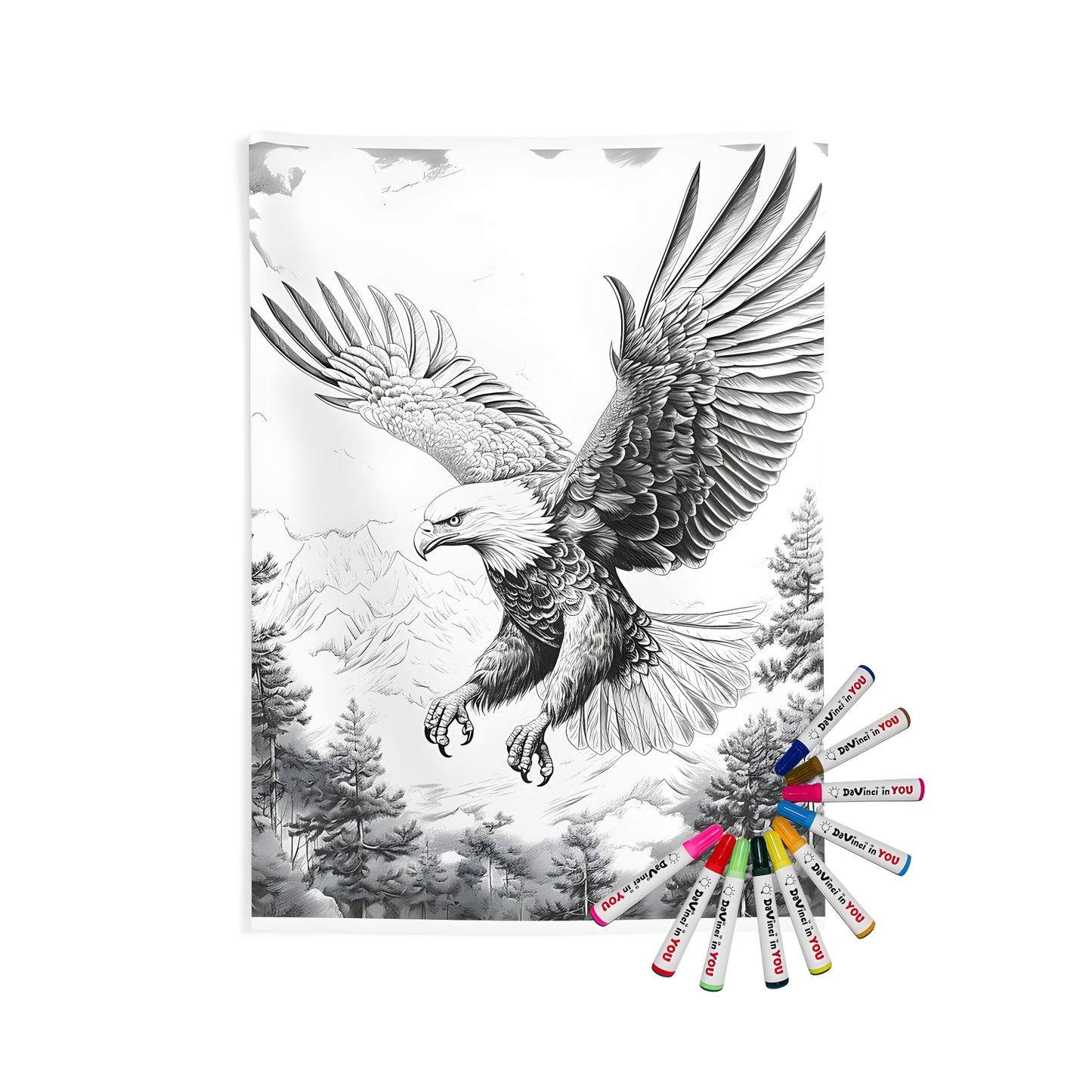 Colorful indoor wall tapestry featuring a majestic eagle with outstretched wings flying over mountains and trees