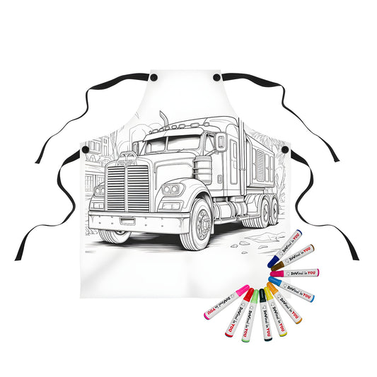 Vintage Semi Truck Coloring Page on Apron with Urban Background Design