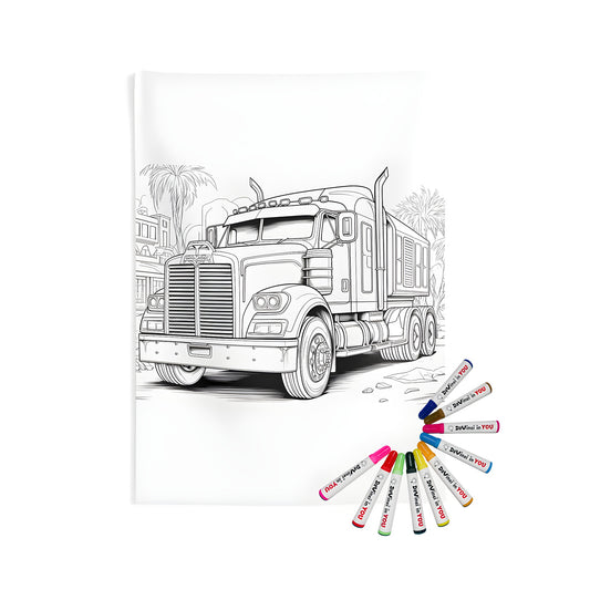 Big Rig Truck Coloring Kit - A detailed black and white illustration of a semi truck with urban background for coloring activities on an indoor wall tapestry