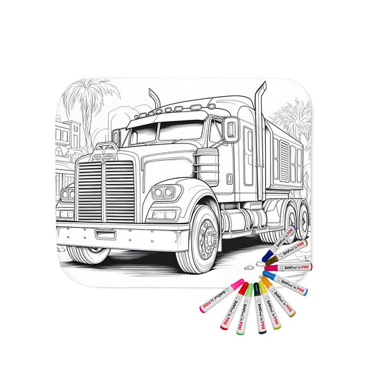 Big Rig truck blanket with detailed illustration of urban background and palm trees for adult coloring book enthusiasts