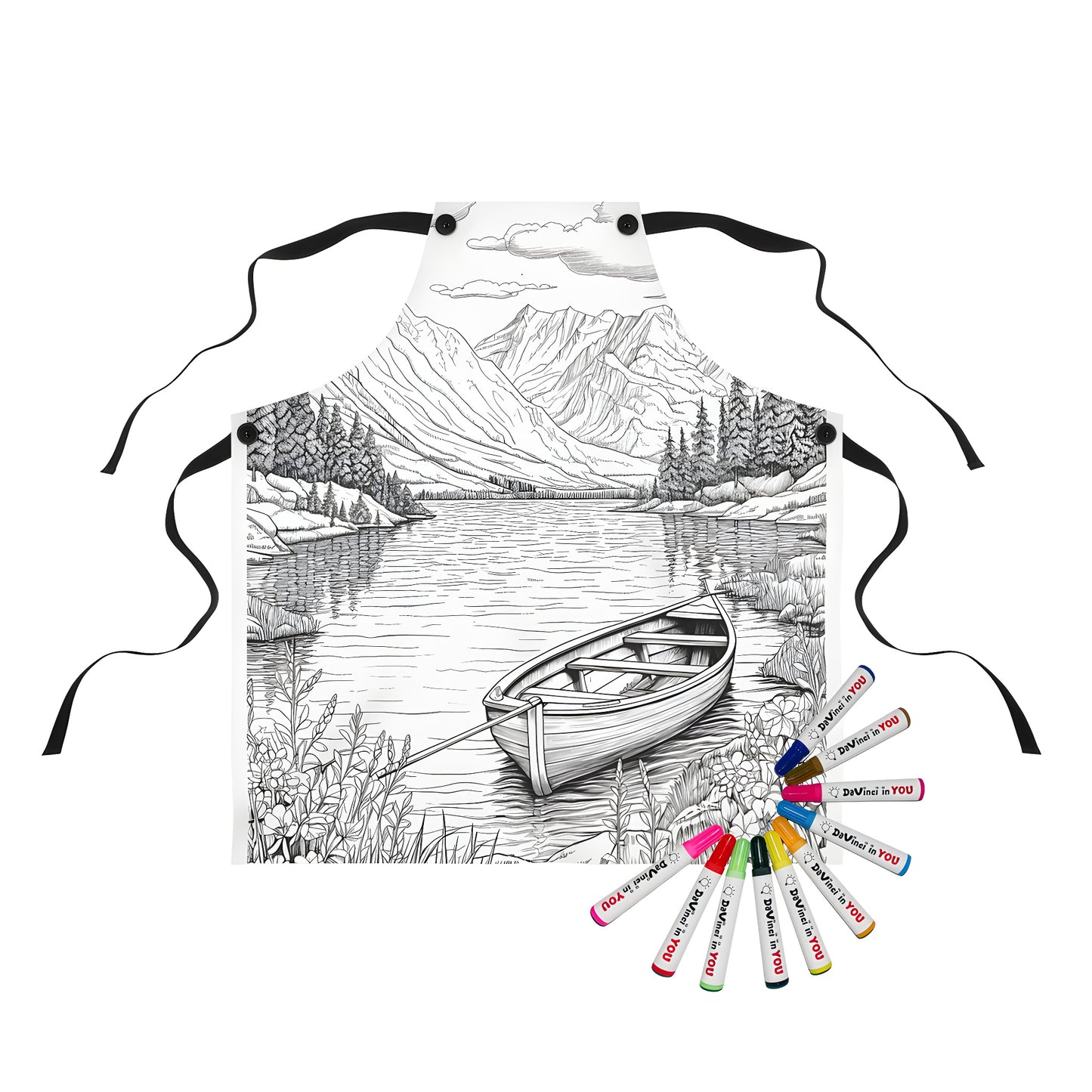 Coloring apron featuring a serene wooden boat scene on a lake shore with surrounding trees mountains and clouds