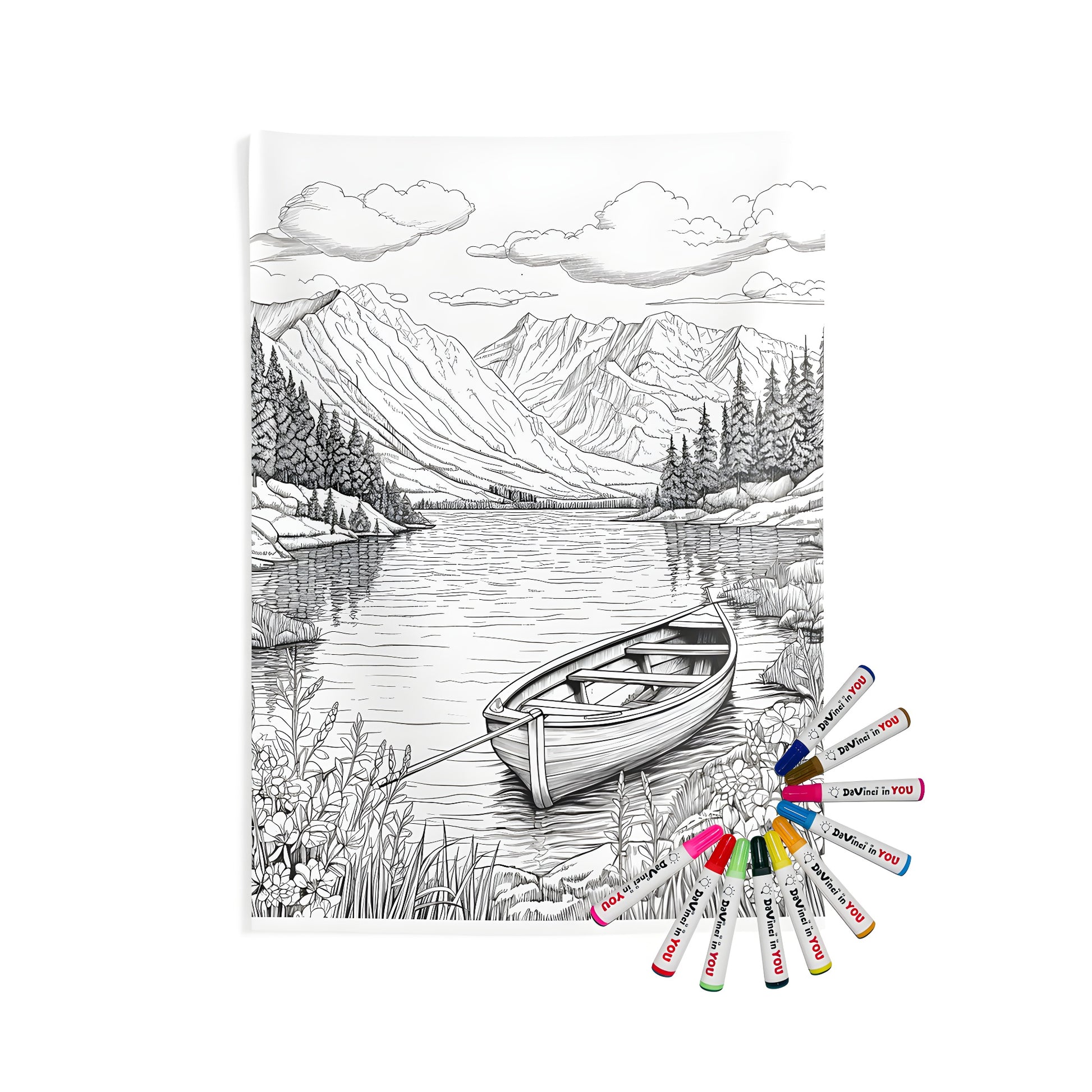 Mountain landscape tapestry with a wooden boat on lake shore surrounded by trees and mountains