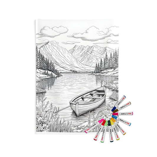 Mountain landscape tapestry with a wooden boat on lake shore surrounded by trees and mountains