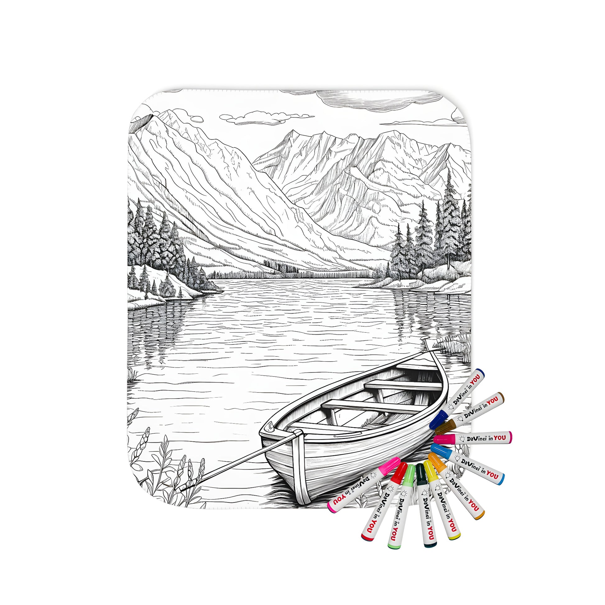 Blanket with serene wooden boat on tranquil lake shore illustration, surrounded by lush forest, majestic mountains, and fluffy white clouds.