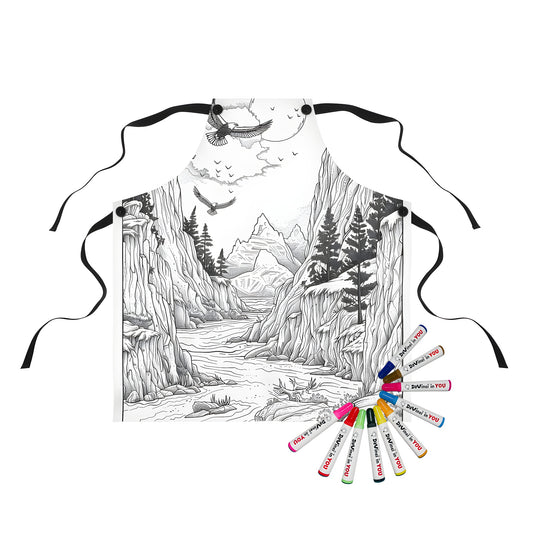 Apron with mountain landscape design, featuring a black and white drawing of eagles flying over mountains, rivers, and pine trees