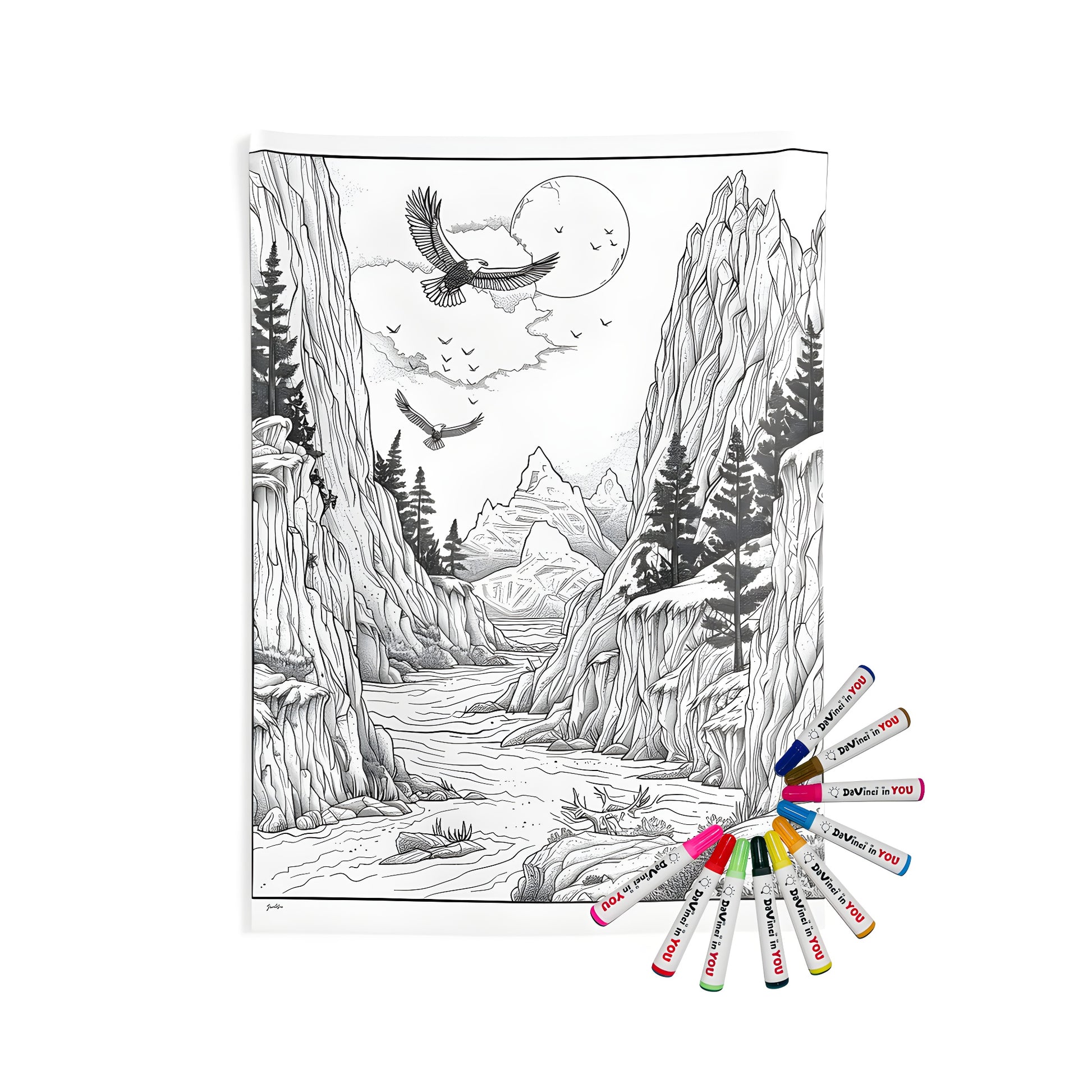 Mountain landscape painting, mountain scenery artwork, indoor wall tapestry with coloring page design featuring eagles flying over a serene valley with a river and pine trees