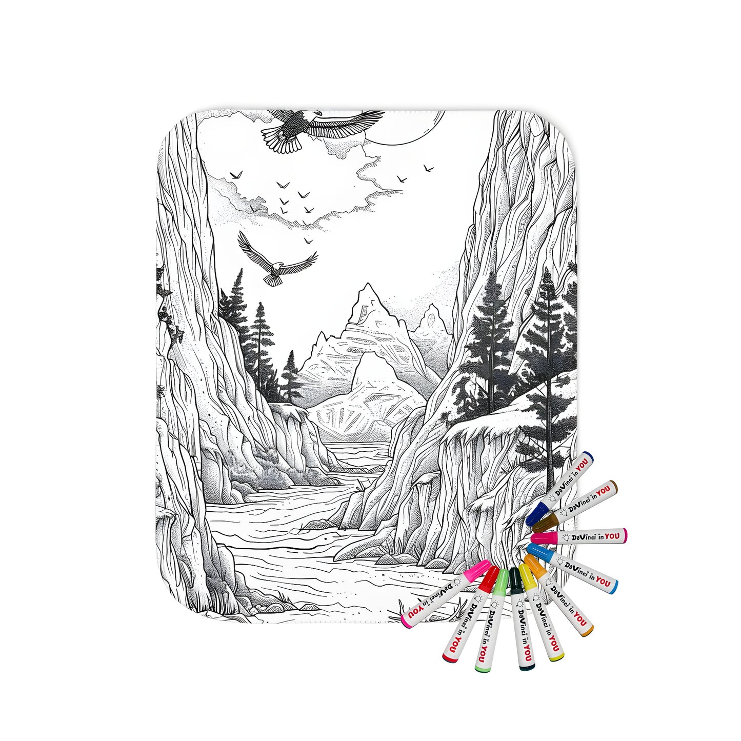 Blanket with scenic mountain landscape art, featuring eagles flying and pine trees in a peaceful valley