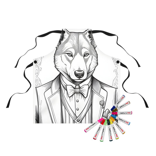 Coloring apron with detailed black-and-white illustration of a canine, anthropomorphic wolf in a formal suit and bow tie.