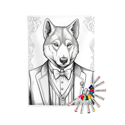 Indoor wall tapestries coloring kit featuring an intricately detailed black-and-white illustration of an anthropomorphic wolf in formal attire. Includes 10 fabric markers for creative expression.