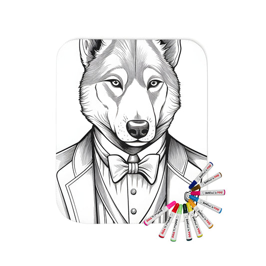 Coloring kit blanket with intricately detailed black-and-white wolf illustration design, featuring an anthropomorphic wolf dressed in formal attire with bow tie