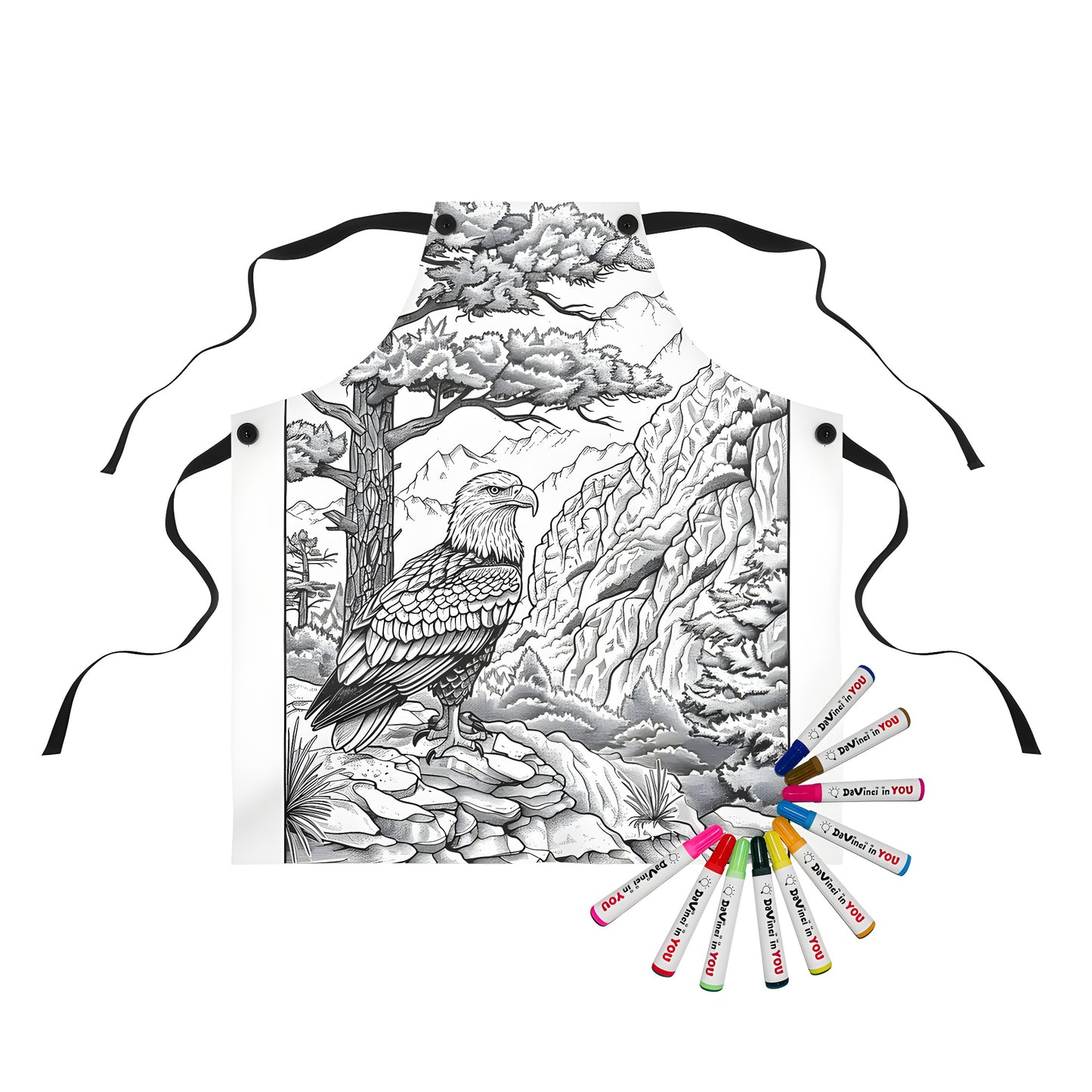 Colorful apron featuring a detailed illustration of an eagle perched on a rock within a mountainous landscape backdrop, perfect for art therapy and outdoor enthusiasts