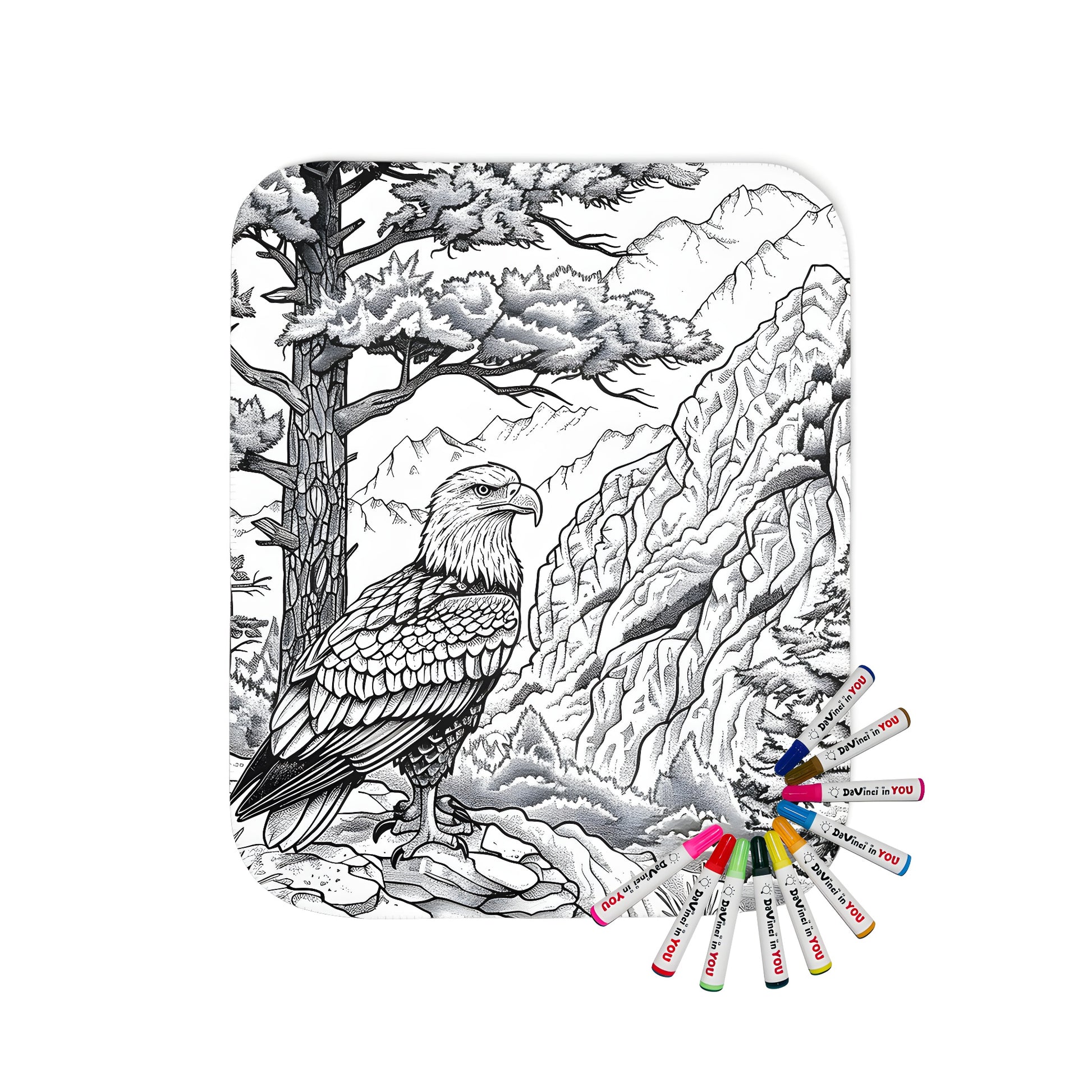 Blanket with detailed bird wildlife and scenic mountain illustration