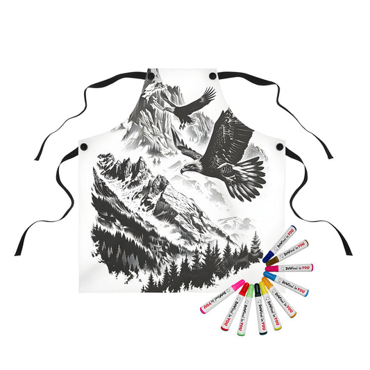 Coloring apron with eagle design, featuring an illustration of birds flying above mountains and forests