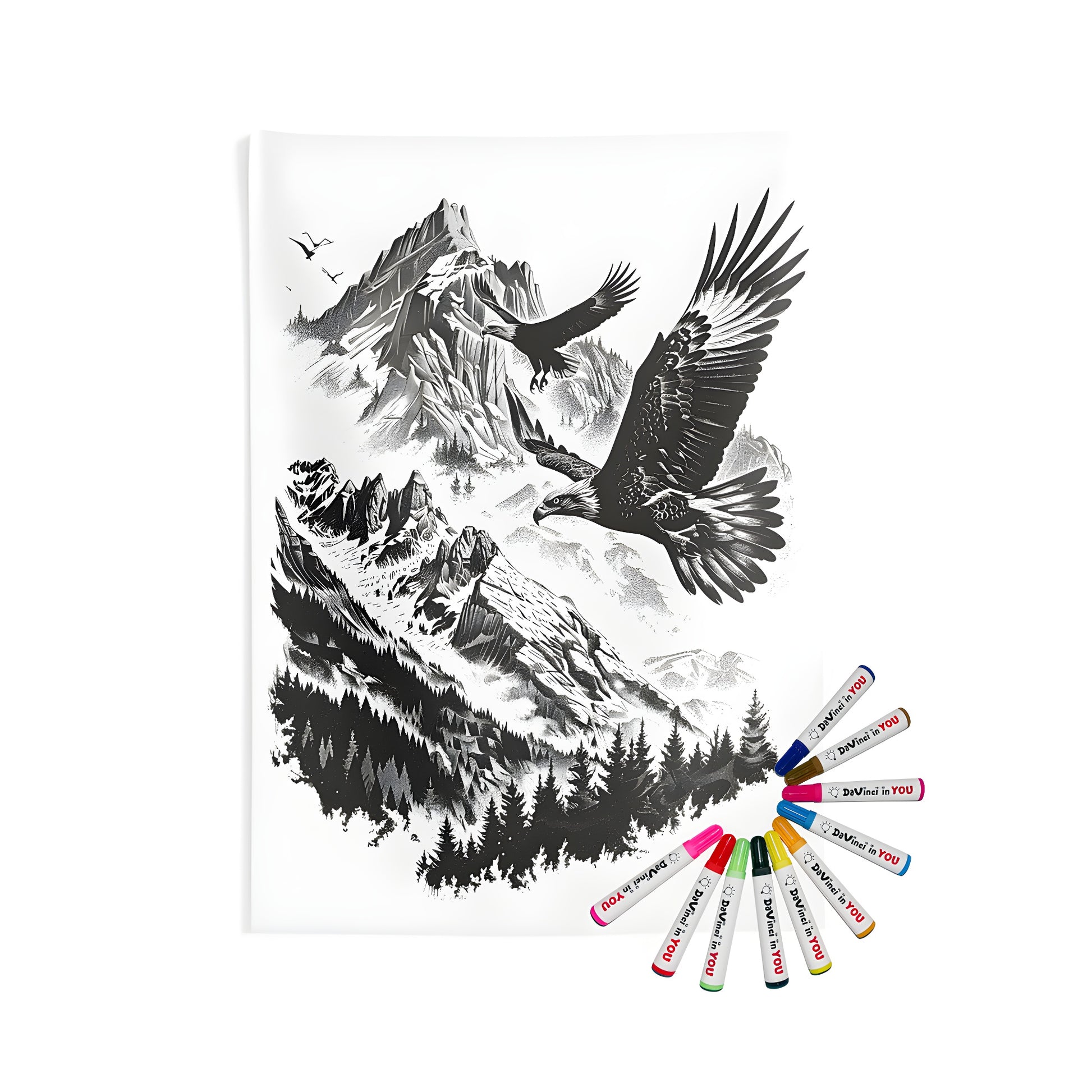 Eagles wall tapestry indoor decor art Black and white illustration of eagles soaring above a scenic mountain range with dense forests