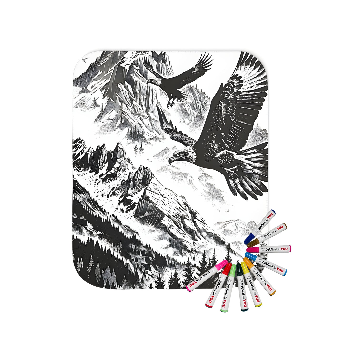 Blanket with an illustration of birds flying above mountains and forests