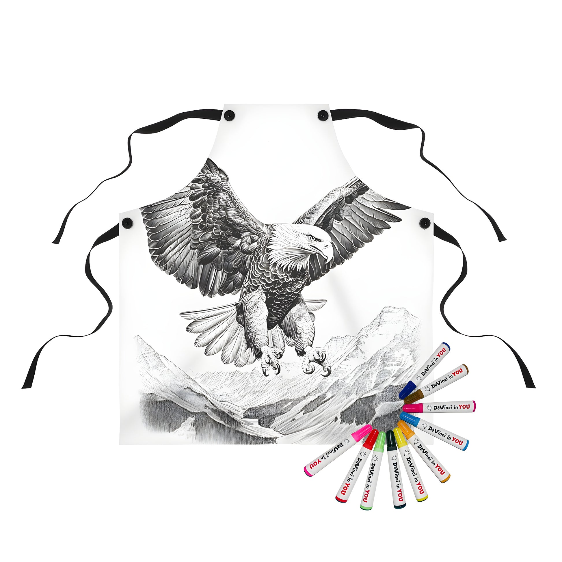 Coloring apron with Black and white illustration of a flying bird with outstretched wings over mountainous terrain