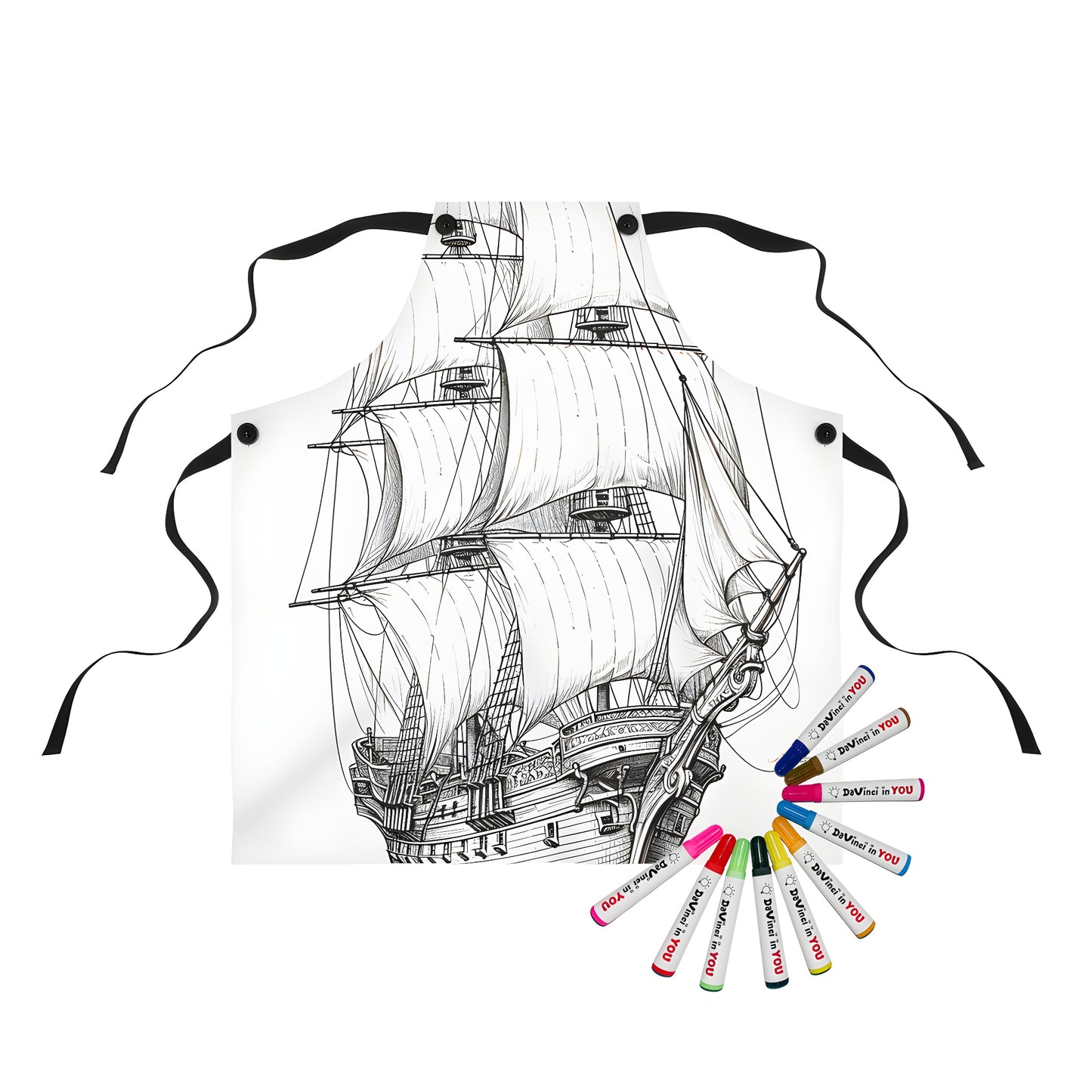 Vintage sailboat apron with intricate black and white illustration of a historic sailing ship, perfect for nautical enthusiasts