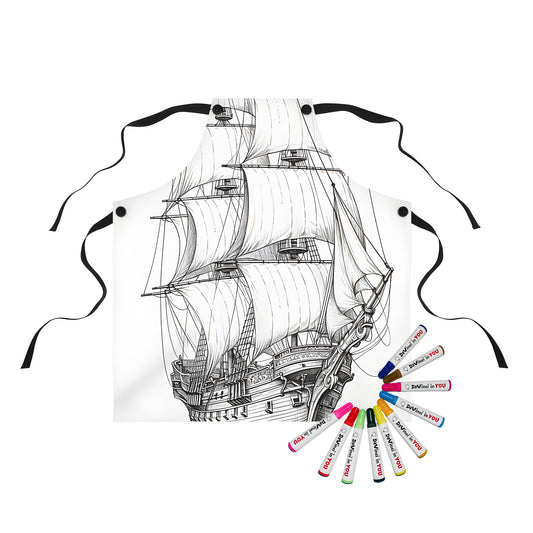 Vintage sailboat apron with intricate black and white illustration of a historic sailing ship, perfect for nautical enthusiasts