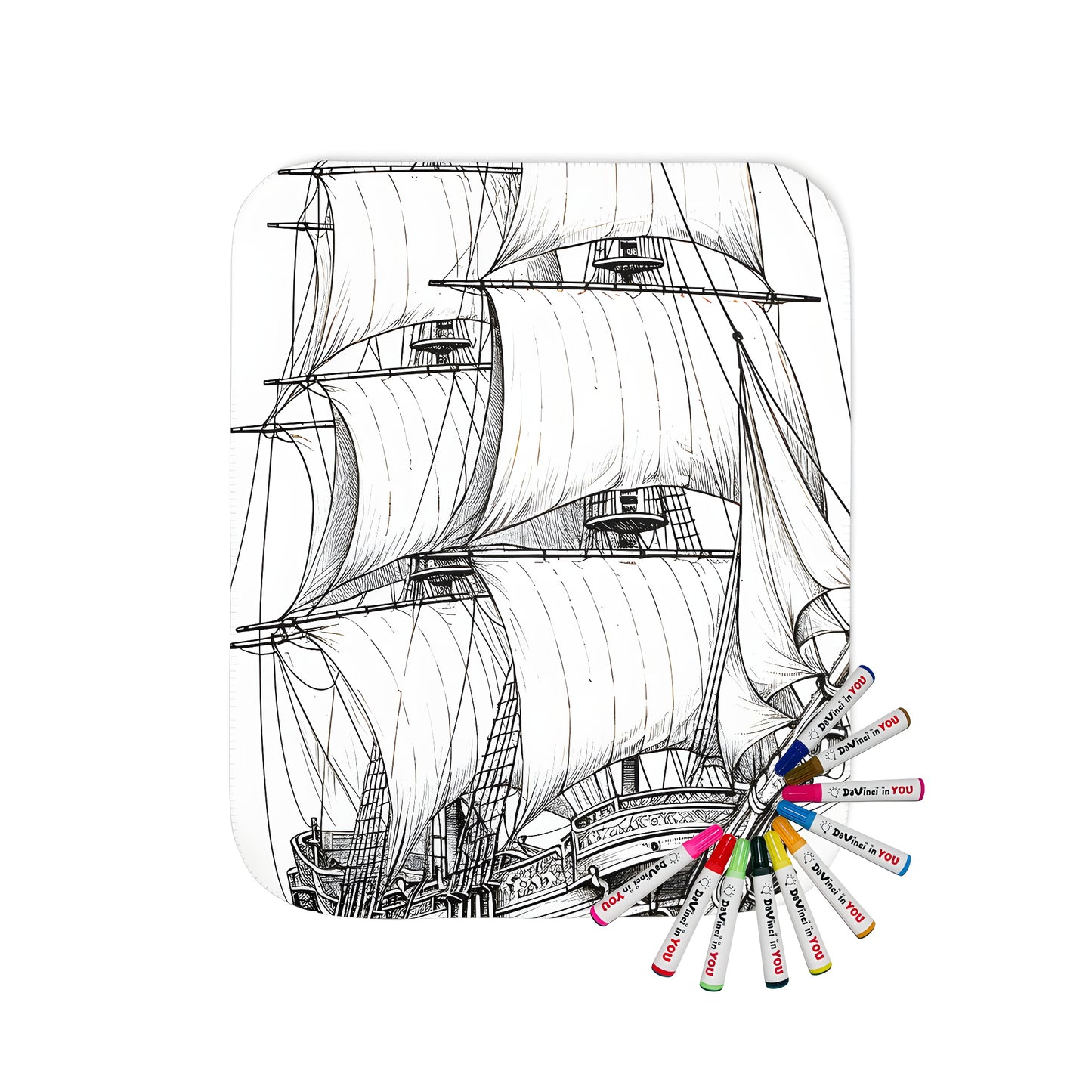 Intricate historic vessel illustration blanket with colorful fabric markers