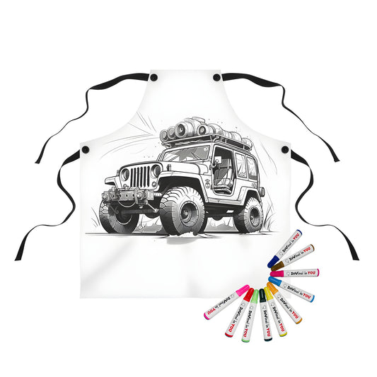 Colorful off-road vehicle apron with fun fabric markers and detailed graphics for kids