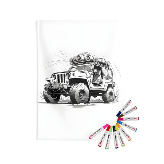 Detailed off-grid truck illustration on home wall tapestry