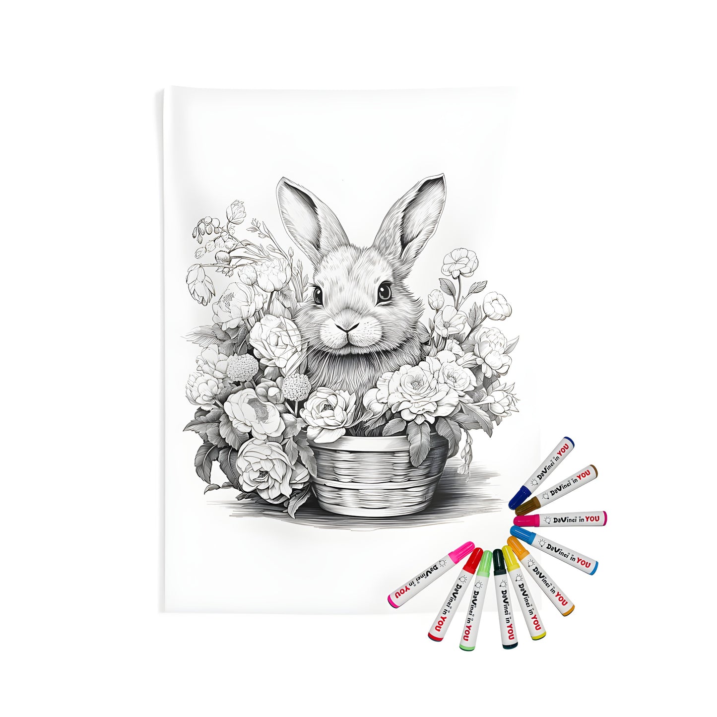 Coloring kit for indoor wall tapestries featuring detailed monochrome illustration of bunny in basket surrounded by blooming flowers