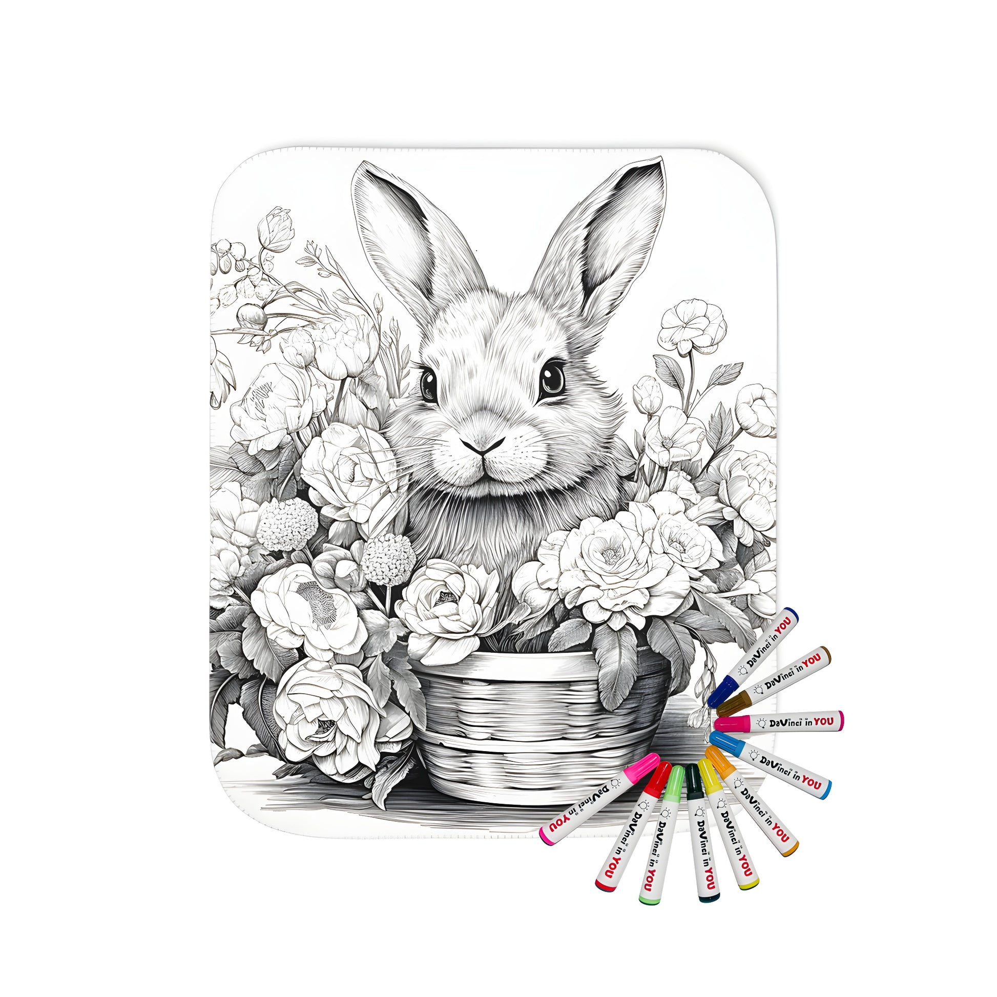 Blanket with bunny and blossom artwork featuring a detailed illustration of a hare in a wicker basket surrounded by petal designs